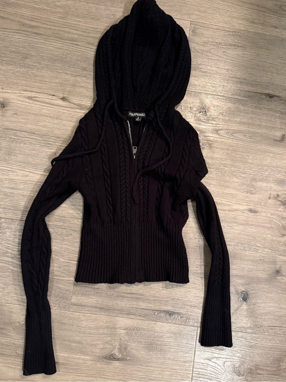 Harper Black Cable-Knit Hooded Sweater